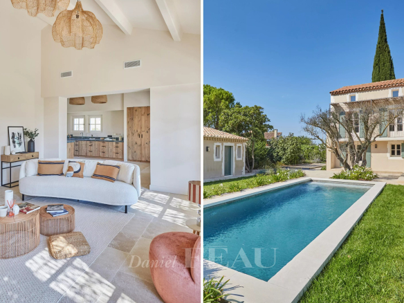 Interior of a renovated house with a bright living room and exterior with a swimming pool.