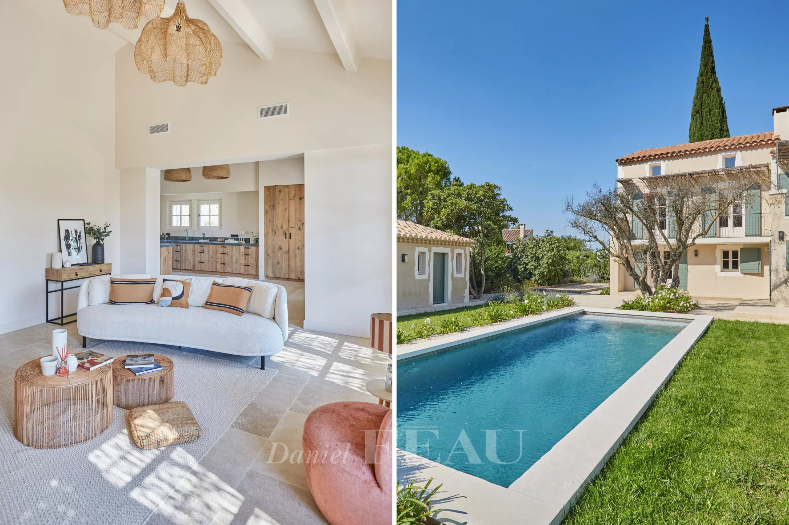 Renovated house in Paradou Interior of a renovated house with a bright living room and exterior with a swimming pool.