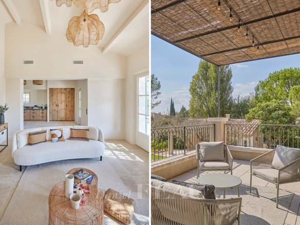 Interior of a renovated house with a bright living room and an outdoor terrace in Paradou.