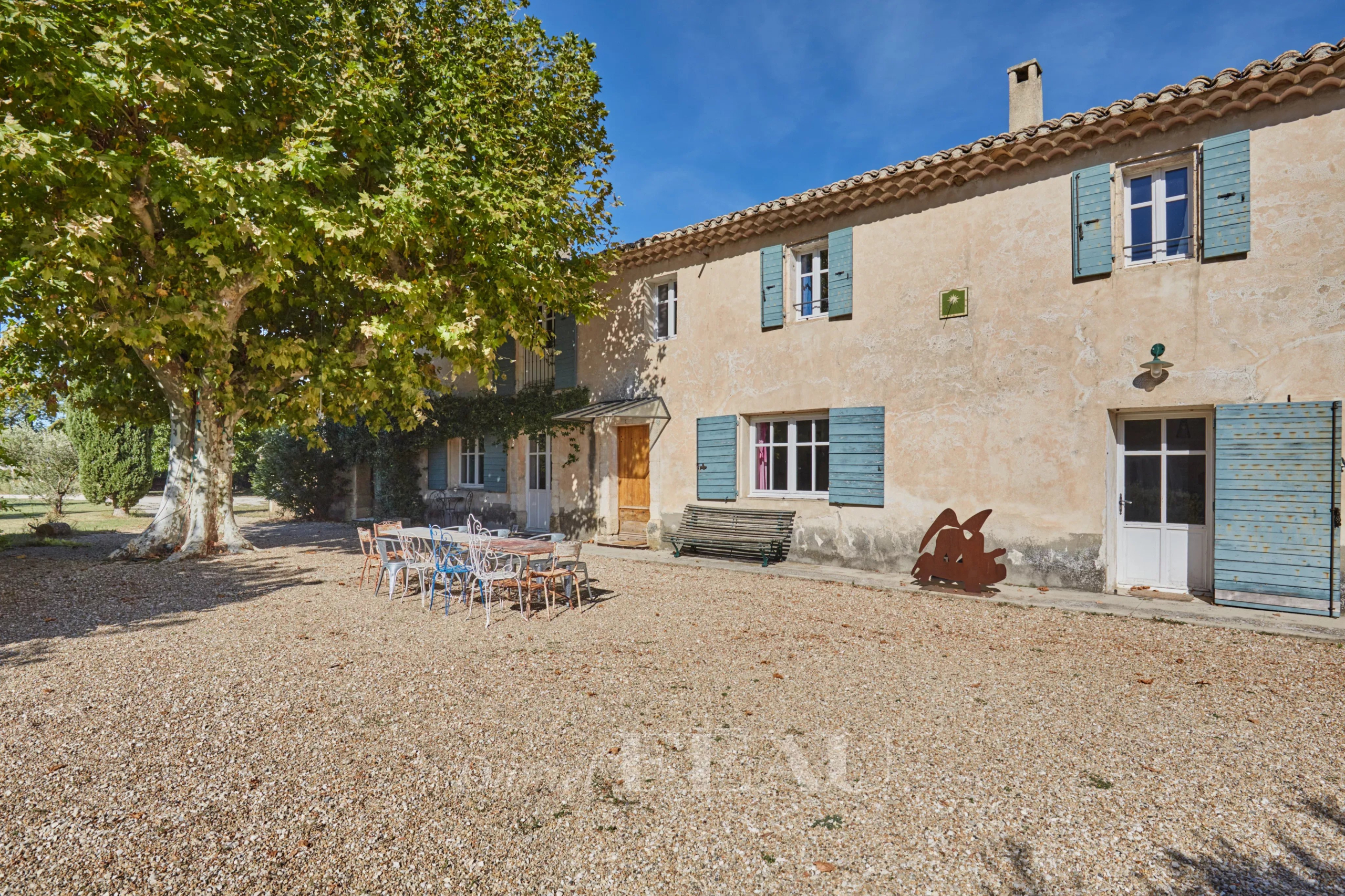 Ancienne ferme provençale à Cavaillon avec poutres apparentes et platane centenaire.