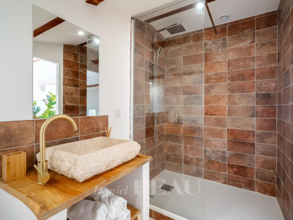Salle de bain moderne avec douche en verre et lavabo en pierre, décorée de carreaux marron.