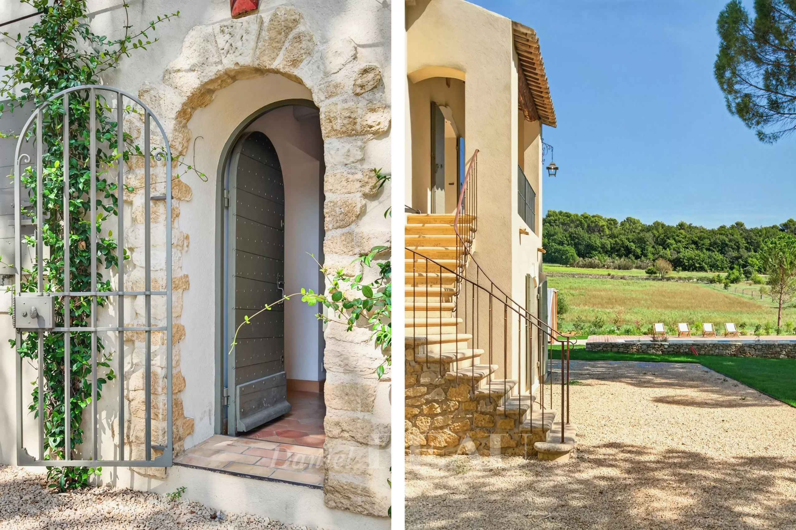 Propriété rénovée à Lourmarin Entrée d'une propriété rénovée à Lourmarin avec un portail en fer et un escalier menant à la maison.