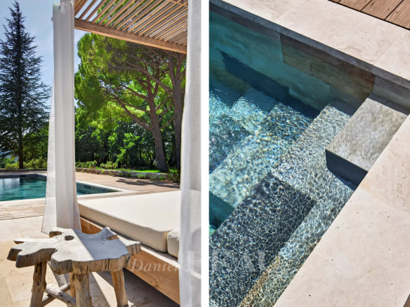 Vue d'une propriété rénovée avec piscine et terrasse à Lourmarin, entourée de verdure.