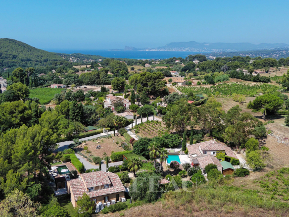 Vue aérienne d'un domaine provençal d'un hectare avec deux maisons, vignes et piscine à Saint-Cyr-sur-Mer.