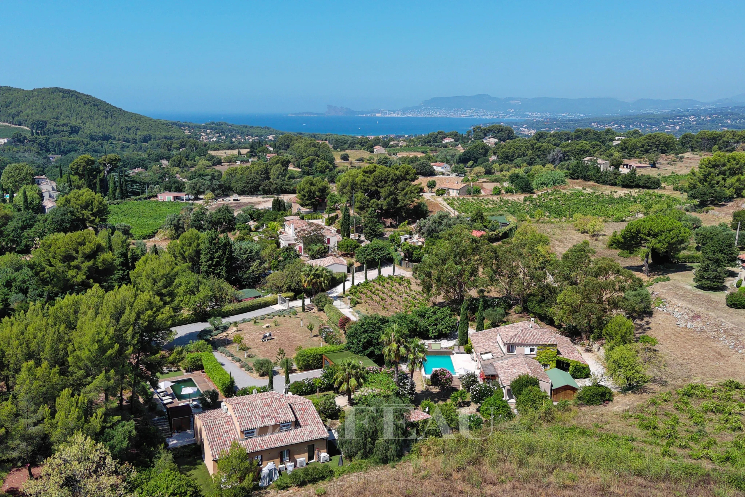 Vue aérienne d'un domaine provençal d'un hectare avec deux maisons, vignes et piscine à Saint-Cyr-sur-Mer.