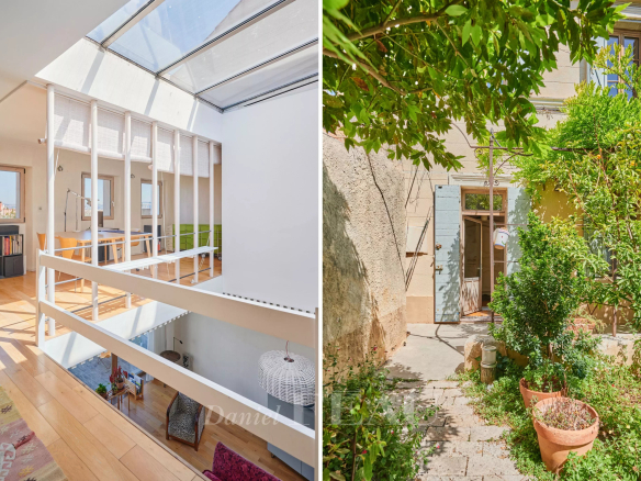 Intérieur d'une maison avec mezzanine et jardin à Marseille 7ème.