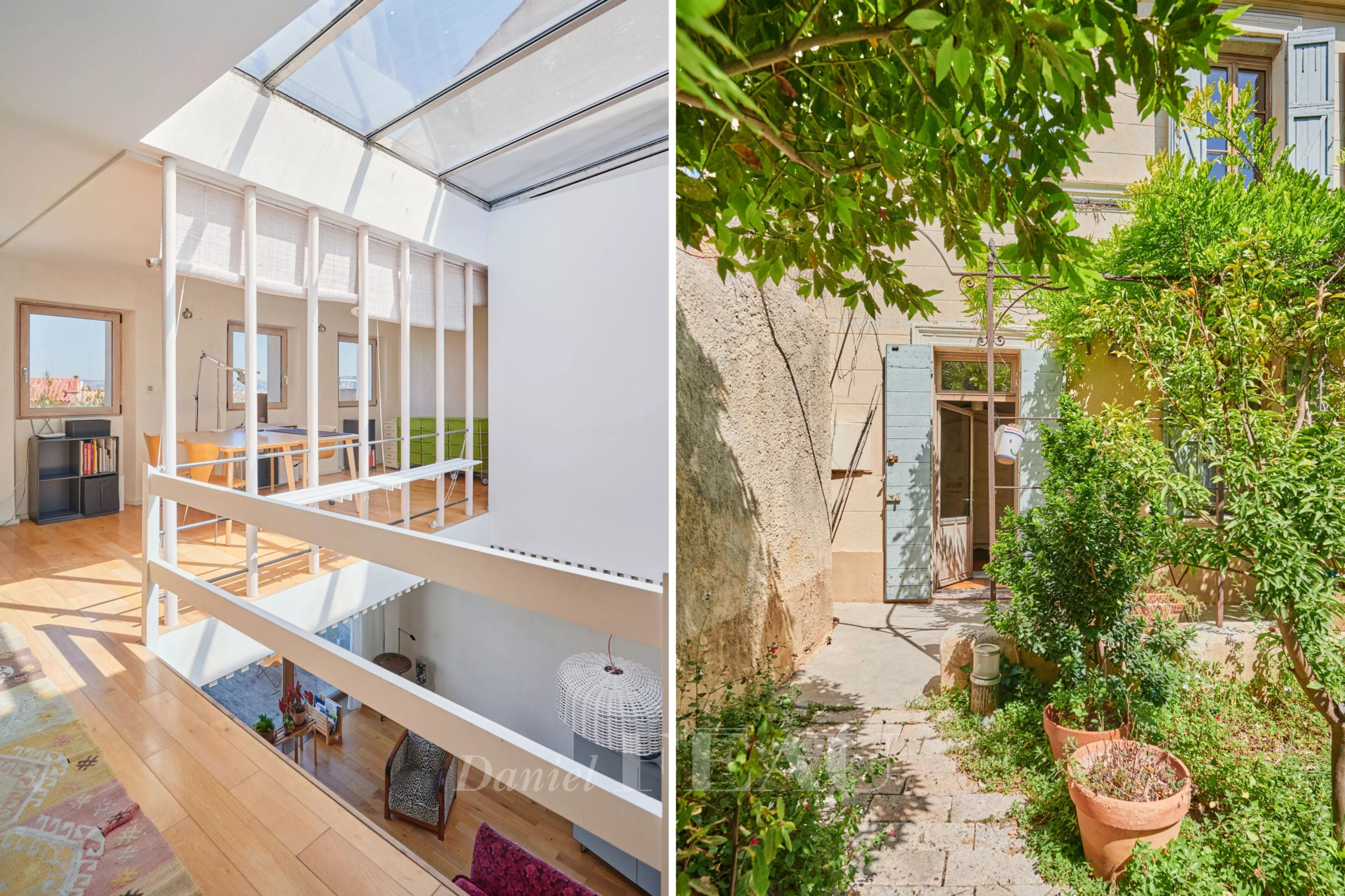 Intérieur d'une maison avec mezzanine et jardin à Marseille 7ème.