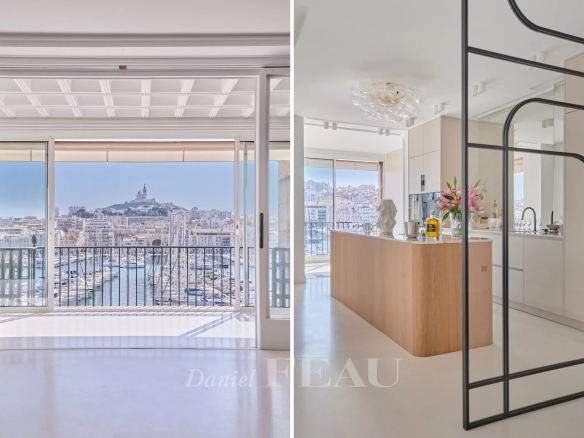 Vue panoramique sur le Vieux-Port de Marseille depuis un appartement rénové avec cuisine moderne.