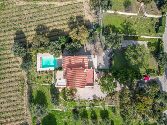 Vue aérienne d'une maison de caractère avec piscine, entourée de vignes au Castellet.