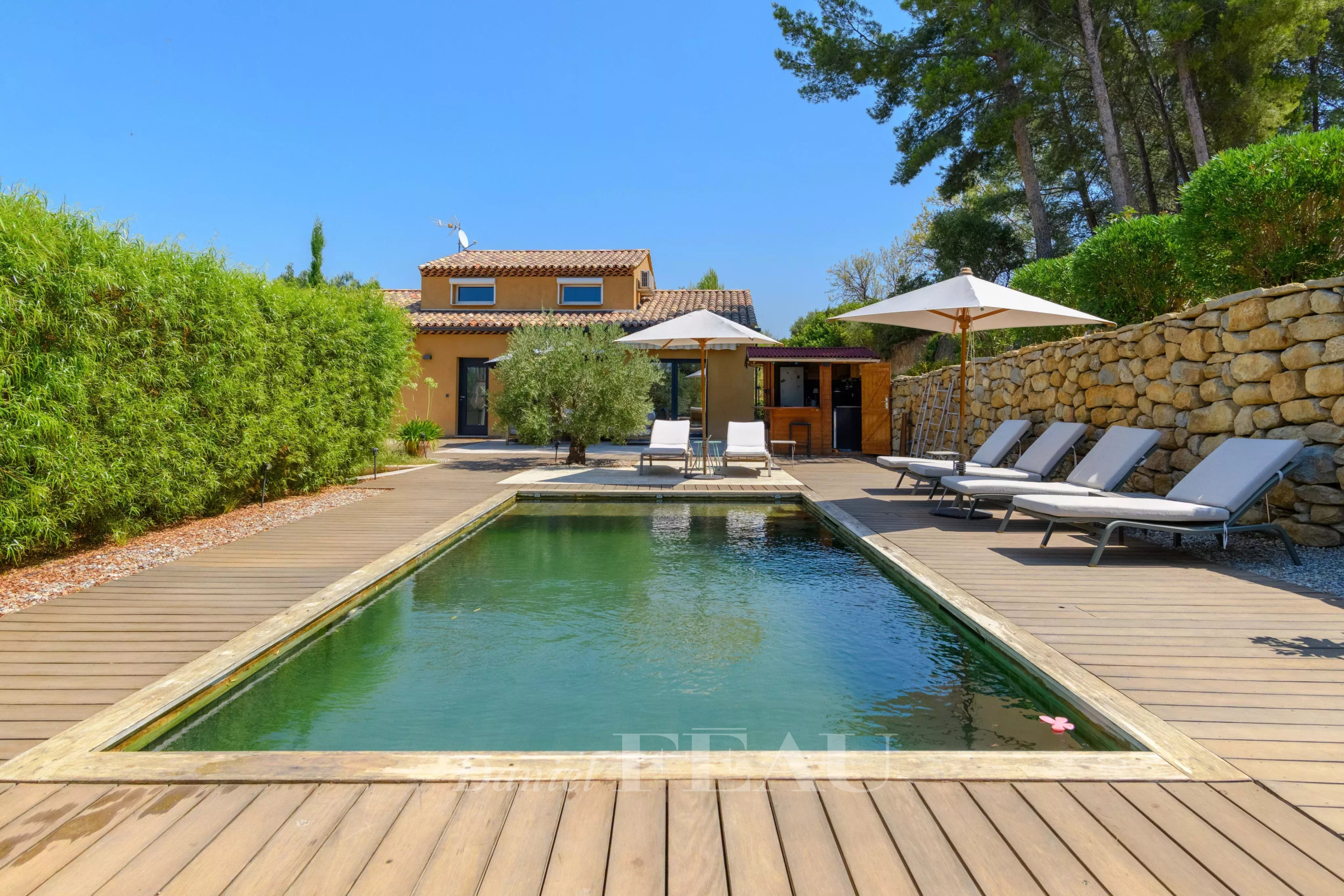 Piscine chauffée entourée de transats et de verdure dans un domaine à Saint-Cyr-sur-Mer.