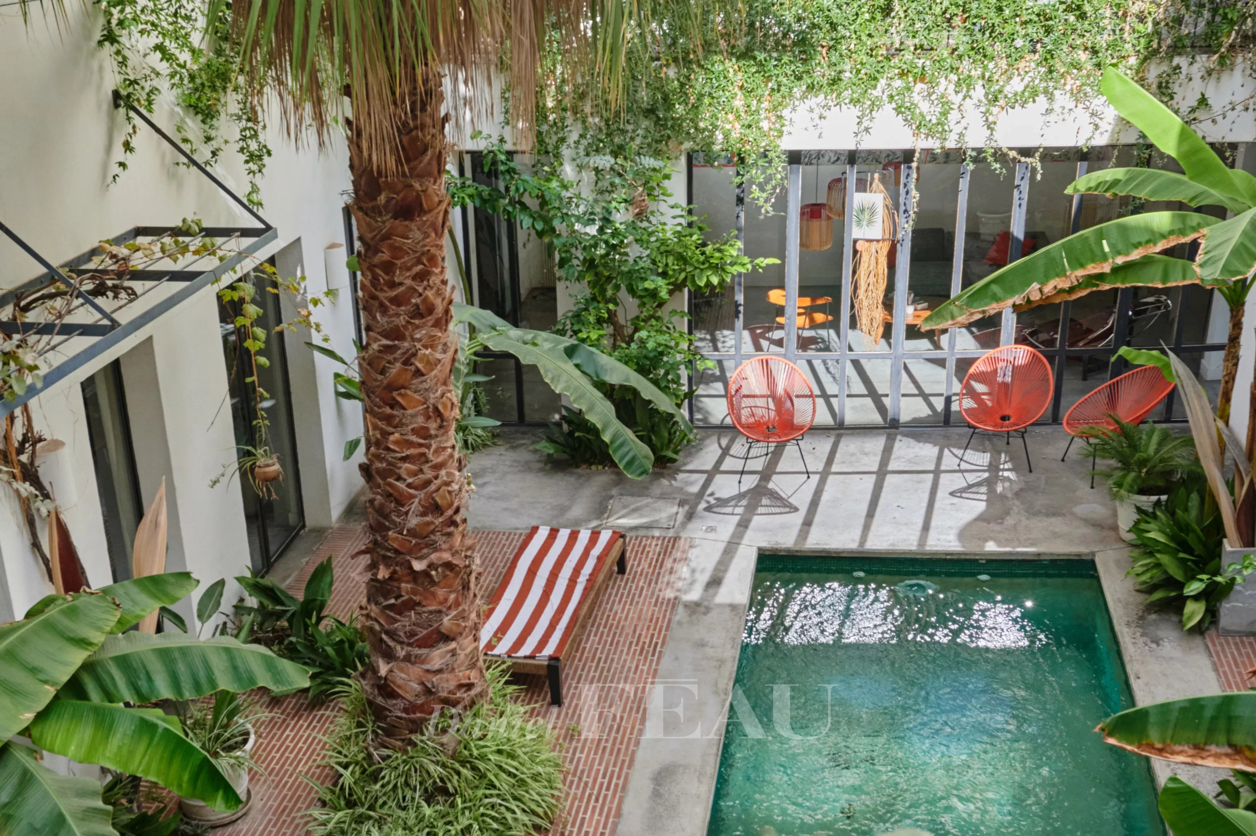 House with pool in Marseille 7th arrondissement Interior of a house in Marseille's 7th arrondissement with a swimming pool and green patio