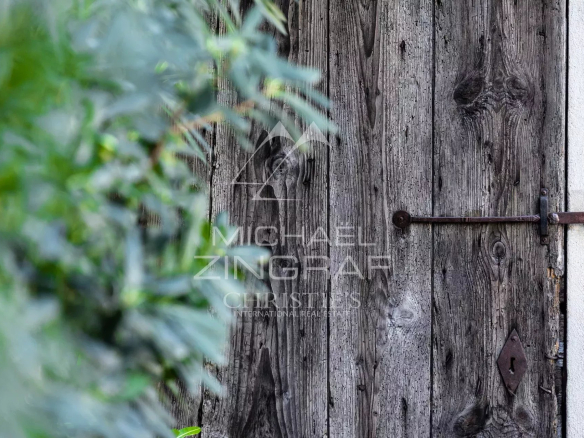 Weathered wooden door with a rusty latch, partly obscured by green ivy in the foreground.