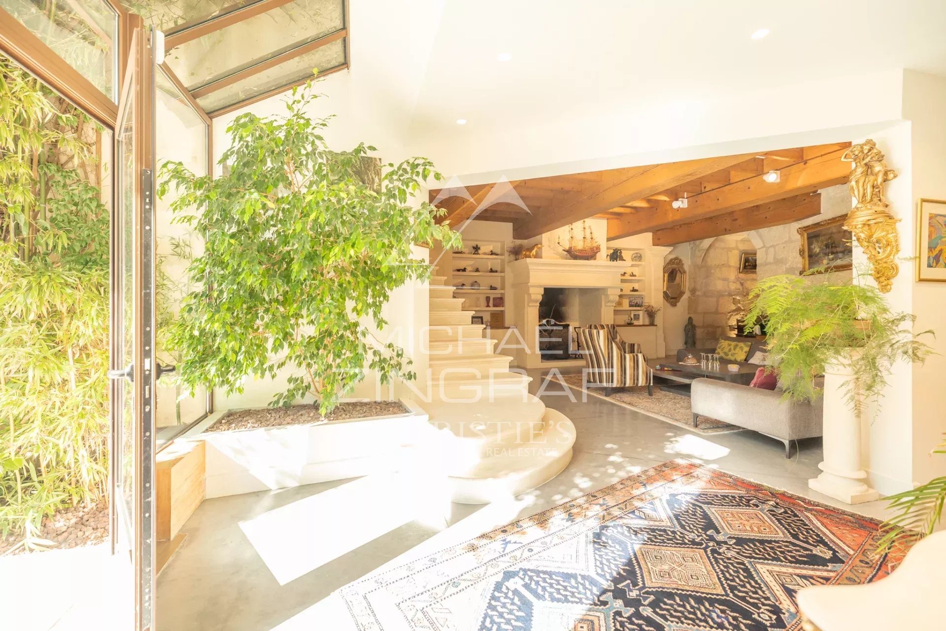 Bright living room with glass doors opening to a garden, large indoor plant, white fireplace, and a patterned rug under seating area with wooden beams above.