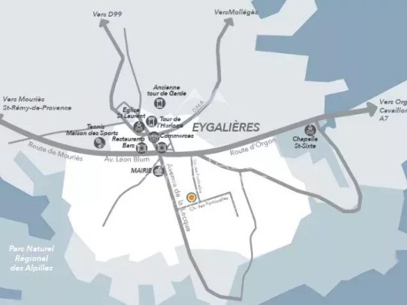 Map of Eygalieres showing main roads with arrows to nearby towns and key landmarks (Eglise St Laurent, Tour de l'Horloge, Mairie, Chapelle St-Sixte) and an orange marker at the town center.