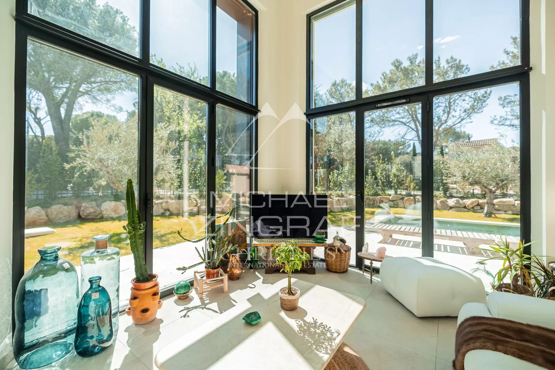 Bright modern living room with tall black-framed glass walls, several potted plants on a white coffee table, and a view of a yard with a pool outside.
