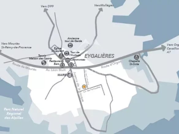 Map of Eygalières showing roads and points of interest.