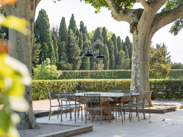 Terrasse d'un mas rénové avec table et chaises, entourée d'arbres et de verdure à Eyragues.