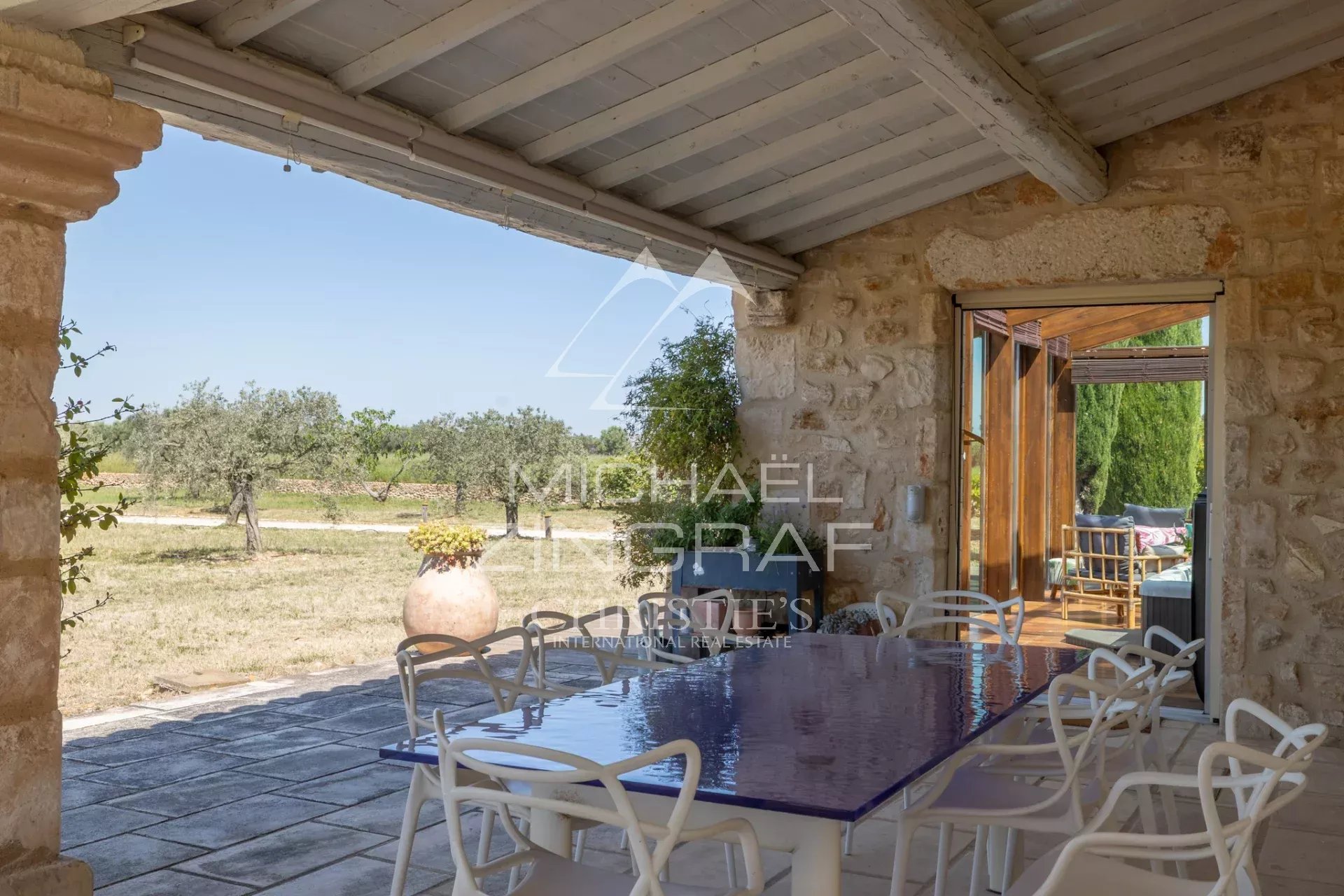 Terrace of a property near Arles Terrace of a property with table and chairs, overlooking a garden with olive trees.