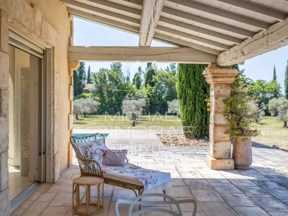 Terrace of an exceptional property near Arles, with furniture and garden view.