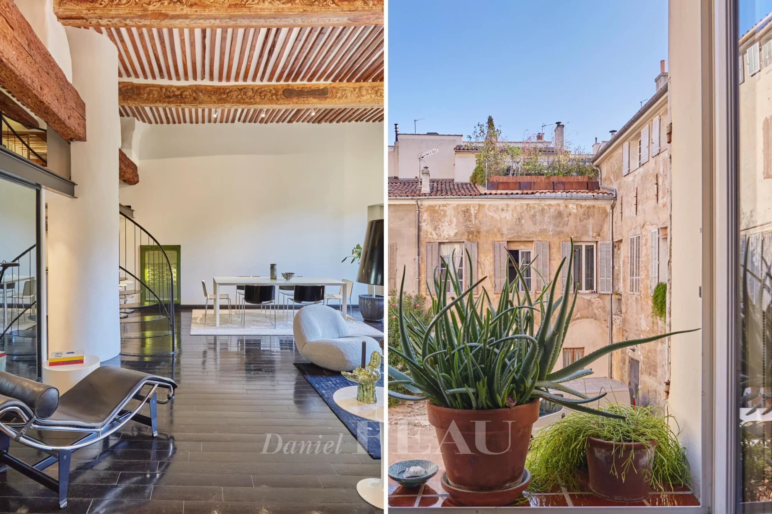 Intérieur d'un appartement rénové avec poutres apparentes et mezzanine à Aix-en-Provence.
