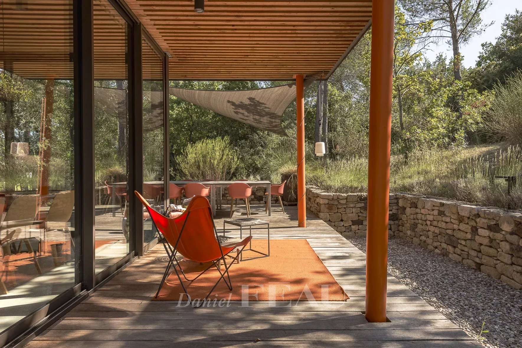 Architect-designed house terrace in Aix-en-Provence Terrace of an architect-designed house with chairs and a view of the pine forest in Aix-en-Provence.