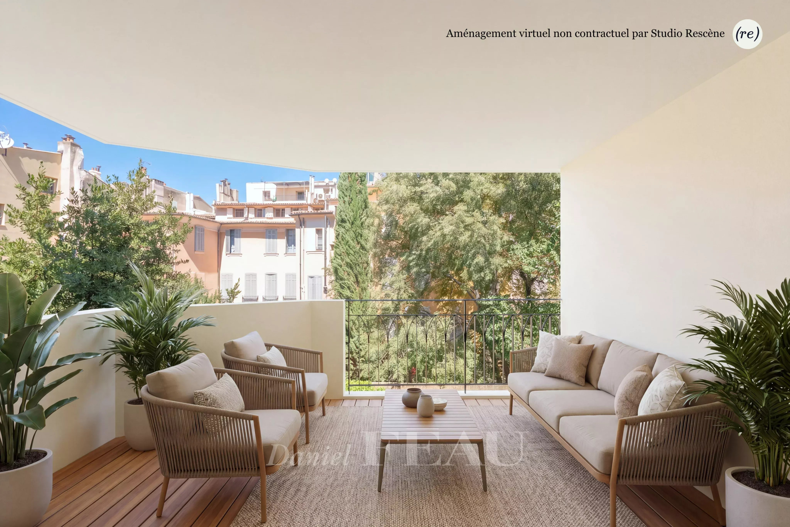 Terrasse d’appartement à Aix-en-Provence Terrasse d'un appartement à Aix-en-Provence avec mobilier moderne et vue sur la ville.