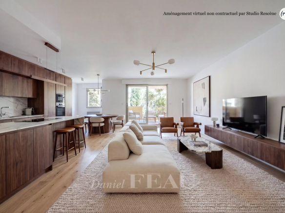 Salon moderne d'un appartement avec cuisine ouverte, terrasse et mobilier contemporain.