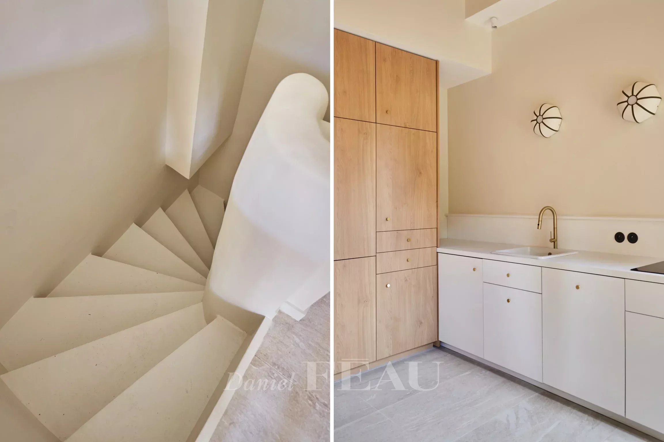 Renovated duplex in Aix-en-Provence Spiral staircase and modern kitchen in a duplex in Aix-en-Provence.