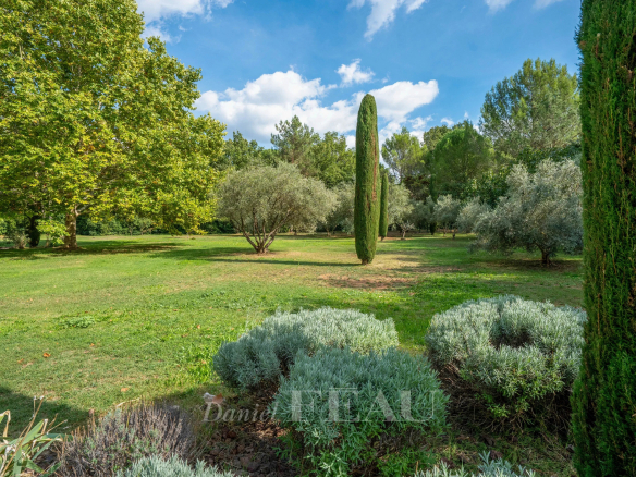 Parc paysager avec arbres et plantes méditerranéennes à Aix-en-Provence.