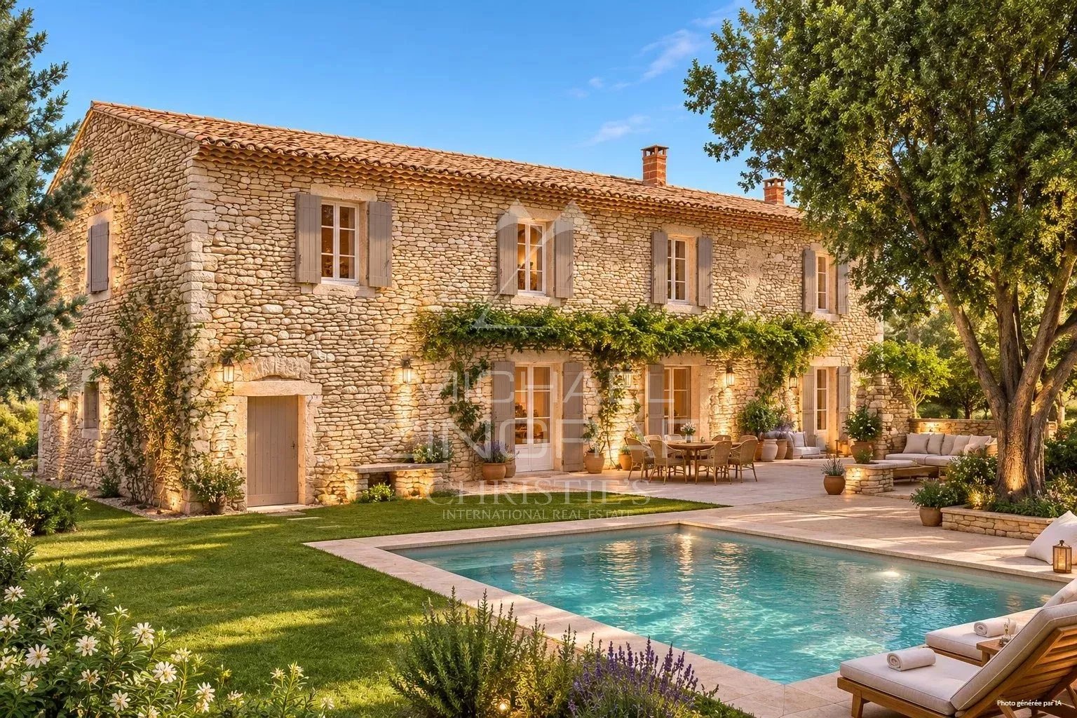 Mas XVIIIe en pierre avec piscine et jardin, vue sur le Luberon, Gordes.
