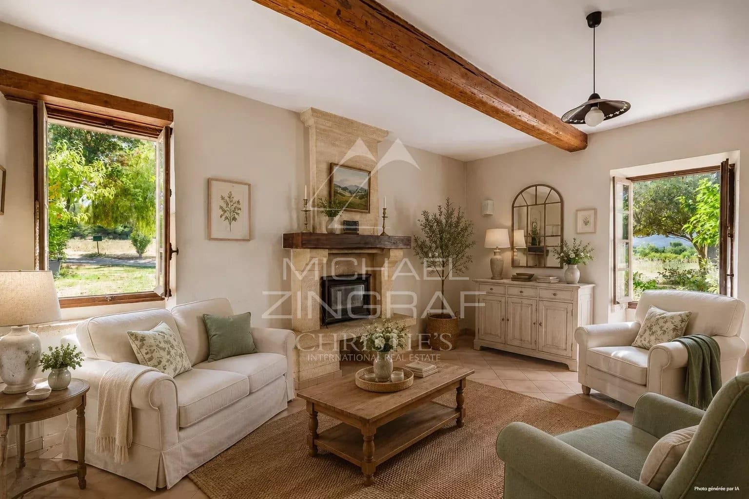 Intérieur d'un mas XVIIIe à rénover avec vue sur la campagne provençale.