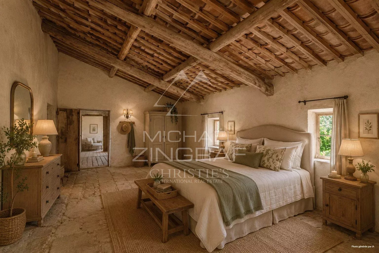 Chambre d'un mas XVIIIe à rénover, avec plafond en bois et murs en pierre, vue sur la campagne provençale.