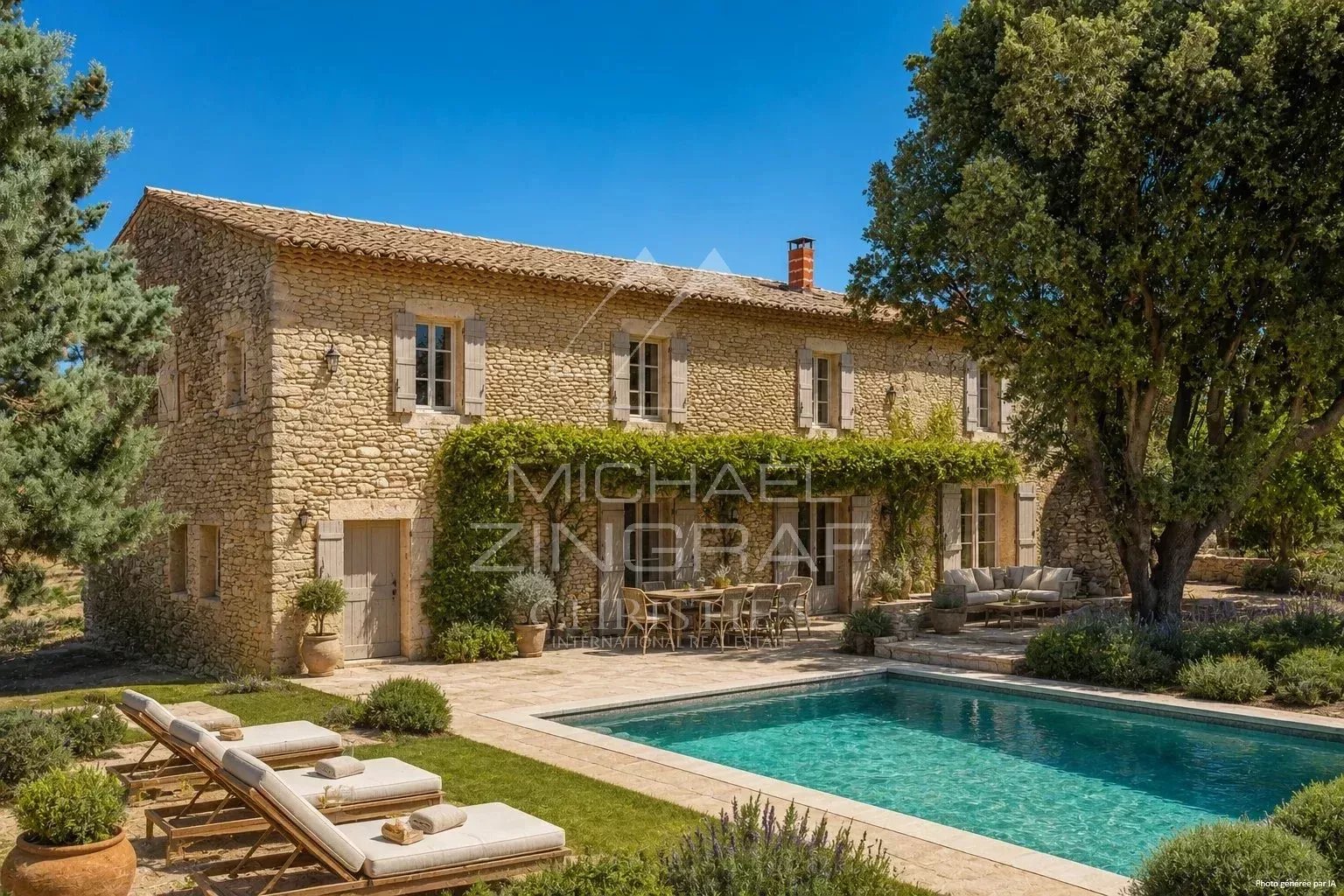 Mas en pierre XVIIIe siècle avec piscine et jardin, vue sur le Luberon, Gordes.
