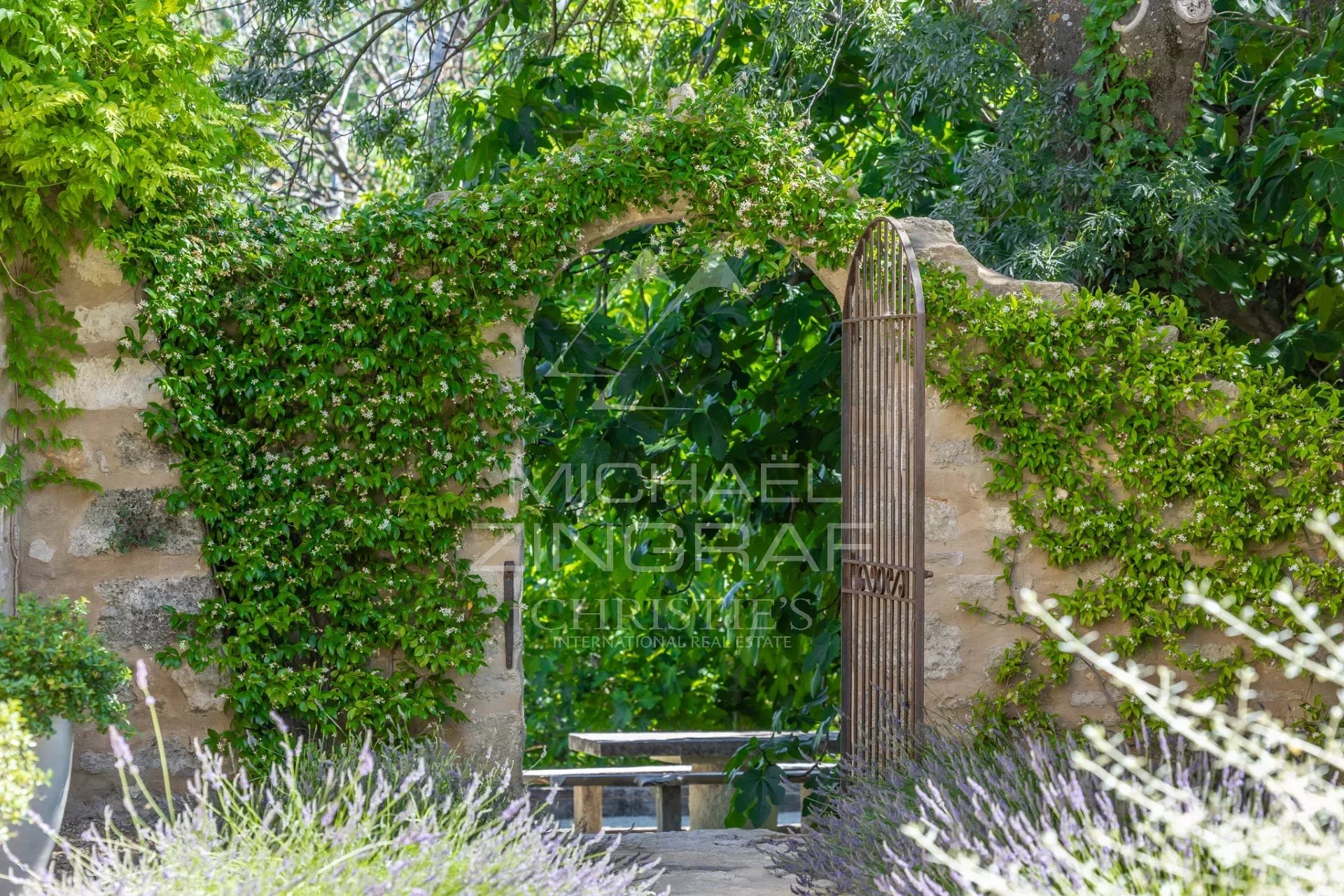 Entrance to the garden of a renovated farmhouse in Oppède Entrance to a garden with a wrought iron gate, surrounded by greenery and flowers.