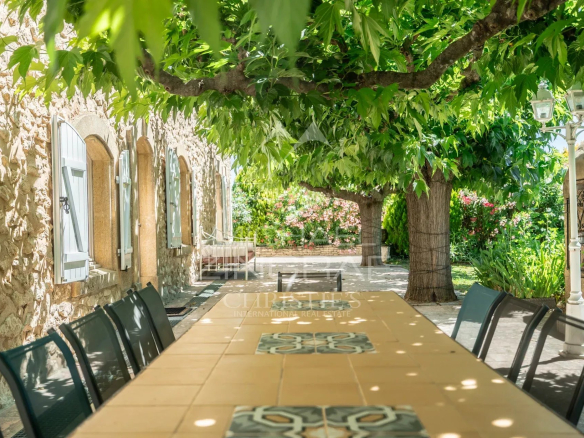 Terrasse d'un mas en pierre avec table et chaises sous un feuillage verdoyant.