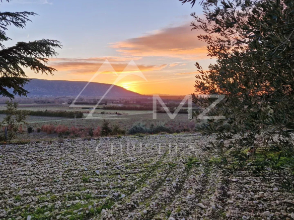 Vue panoramique sur la plaine et les montagnes au coucher du soleil, avec des champs en premier plan.