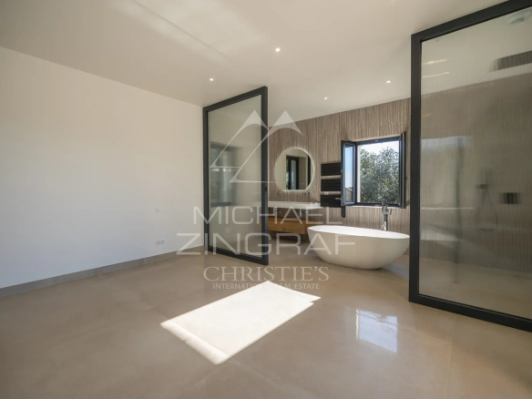Modern bathroom with bathtub and walk-in shower, abundant natural light.
