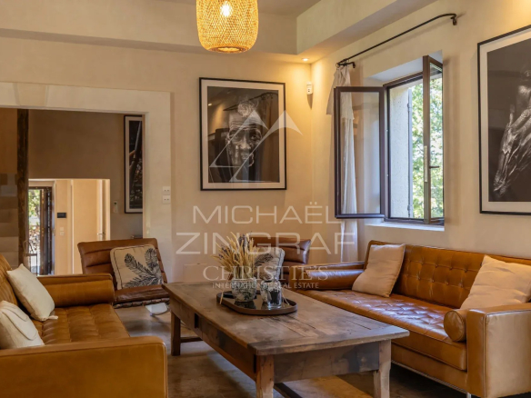 Interior of a Provençal country house with a bright living room and leather furniture.