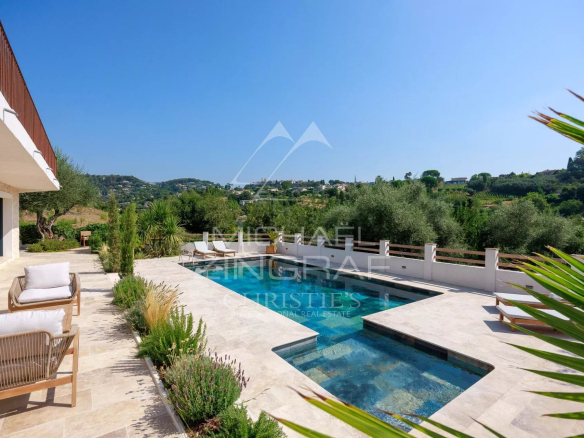 Vue panoramique sur une propriété rénovée avec piscine et jardin, entourée de verdure, à La Colle-sur-Loup.