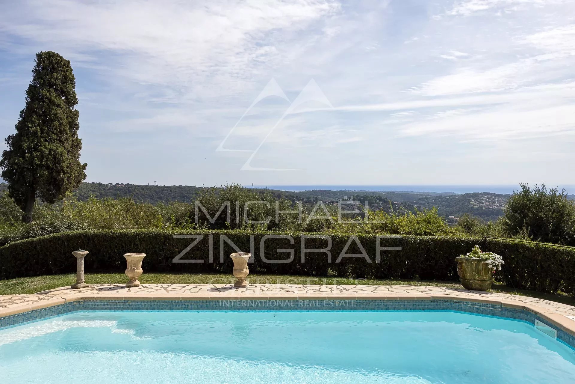 Sea view from a villa in Vence Panoramic sea view from a villa with swimming pool in Vence.