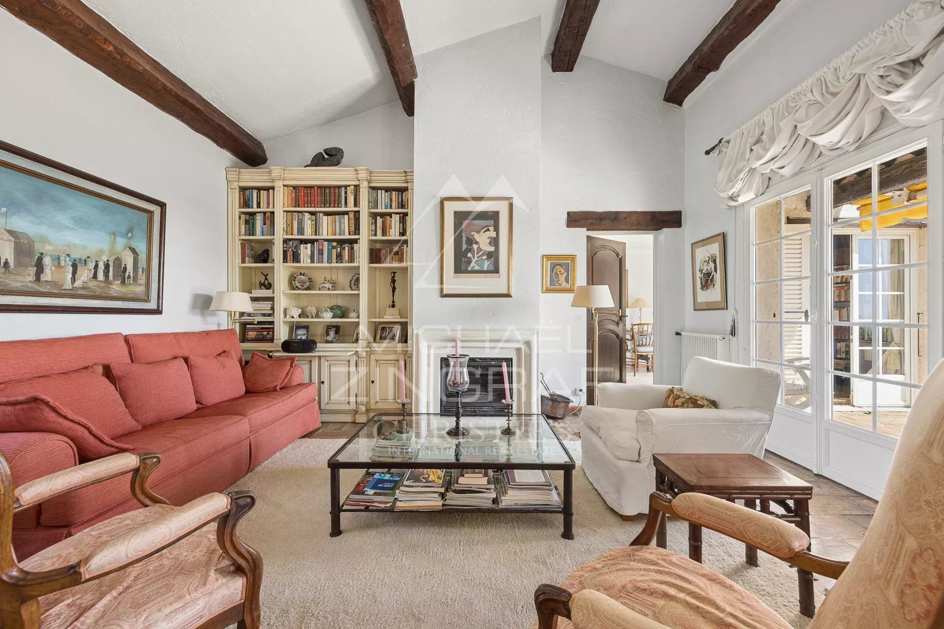 Living room of a villa in Saint-Paul-de-Vence Interior of a villa with a bright living room and comfortable furniture.