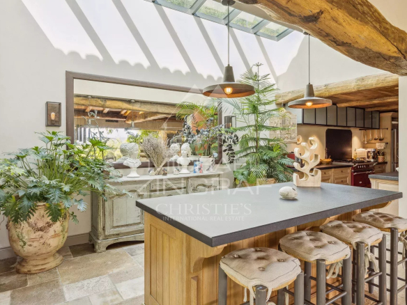 Cuisine moderne avec bar et plantes, villa en Provence.