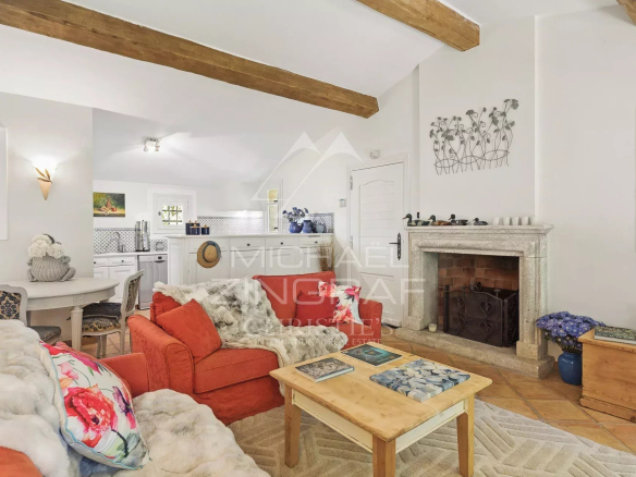 Intérieur d'une villa provençale avec salon lumineux et cheminée.