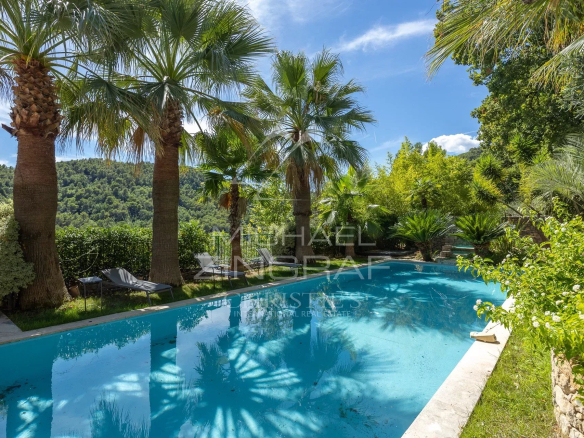 Piscine entourée de palmiers dans un jardin paysager à Grasse.