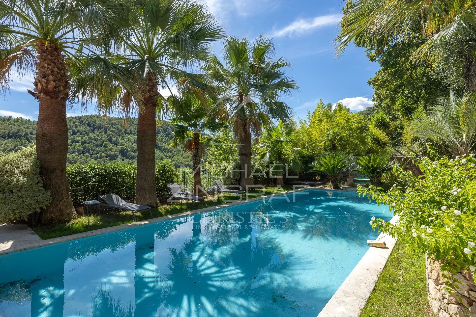 Piscine entourée de palmiers dans un jardin paysager à Grasse.