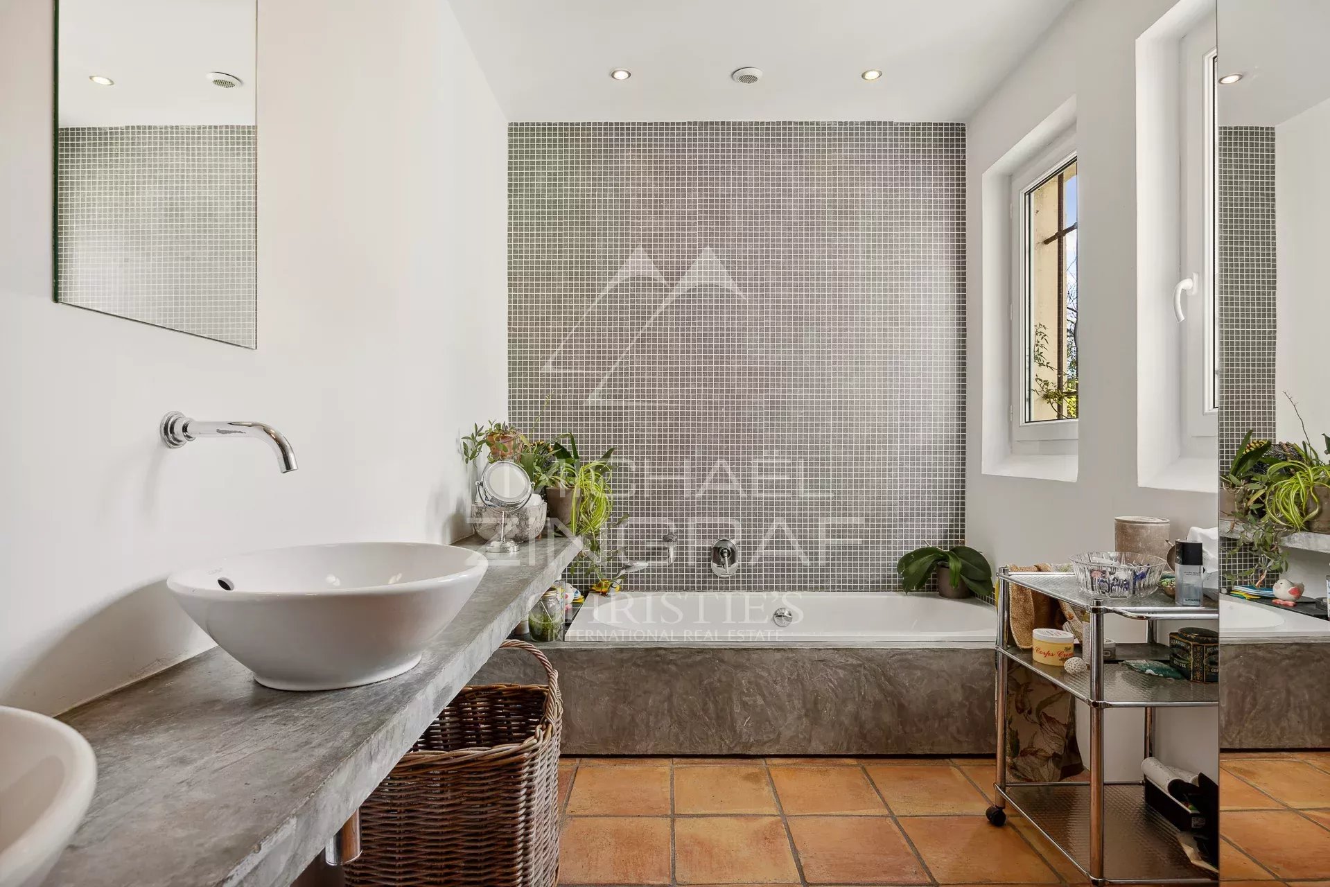 Salle de bain élégante Salle de bain moderne avec baignoire et lavabo, décorée de carrelage et plantes