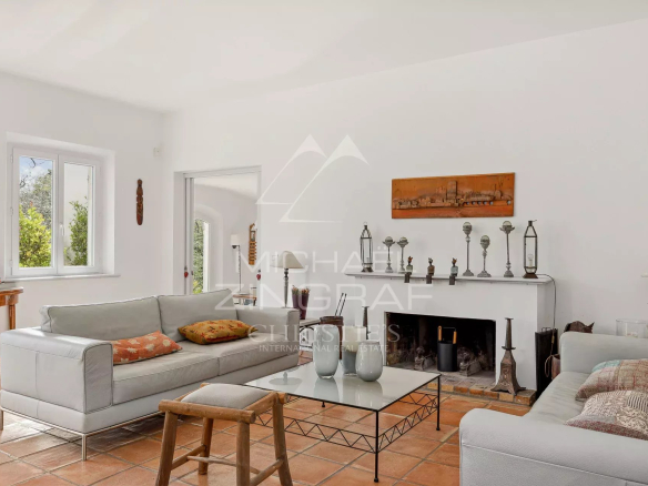 Intérieur d'une bastide élégante avec salon lumineux et cheminée, Grasse