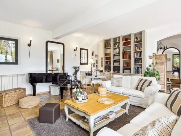 Interior of an elegant country house with a comfortable living room and library.
