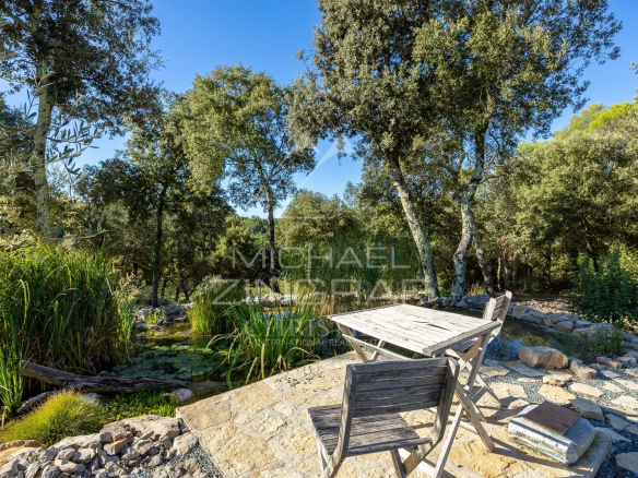 Espace extérieur d'une propriété en Provence avec une table en bois entourée d'arbres et d'un plan d'eau.