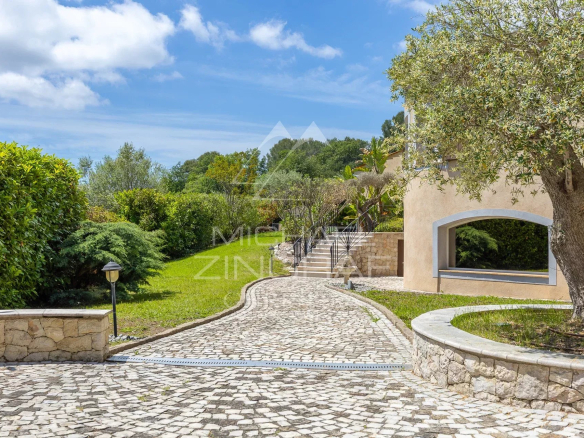 Driveway leading to a villa with a green garden and trees